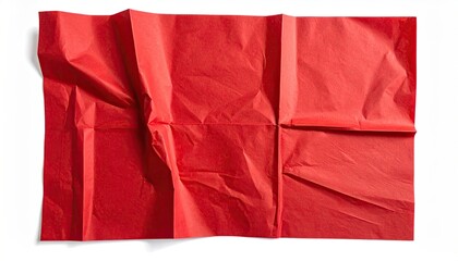 Red tissue paper, folded and slightly wrinkled, laying flat on a white surface