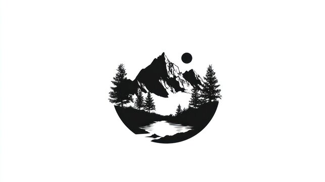 Silhouette of mountain range with pine trees and sun illustration on white - Powered by Adobe
