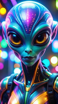 Close up portrait of vibrant blue alien with iridescent skin and large golden eyes in colorful space with bokeh effects