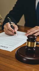 Justice in Focus: A close-up shot captures a legal professional meticulously reviewing and signing a contract, underscored by a gavel and a balanced scale, representing the essence of law and order.