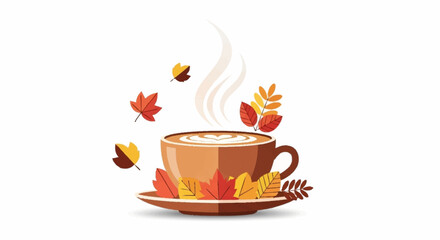 Cozy autumn latte art steaming in a warm cup surrounded by vibrant falling leaves, perfect for seasonal cafe promotions