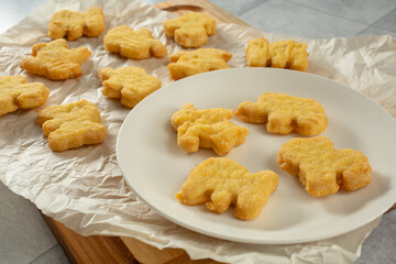 A view of gluten-free animal-shaped chicken nuggets.