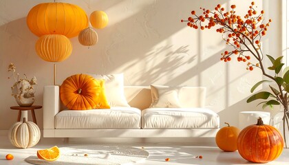 A sunlit, inviting interior with a white sofa, pumpkins, decorative hanging spheres, and vibrant orange accents for fall decor