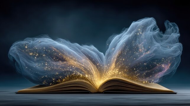 The Enchanted Open Book: A Journey Beyond Imagination Illuminated by Glowing Light and Floating Particles