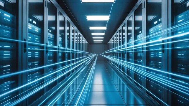 Digital information flows through the network and data servers behind glass panels in the server room of a data center or Internet service provider