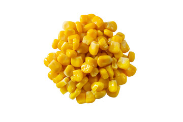 A top down view of a pile of canned yellow corn, against a white background.