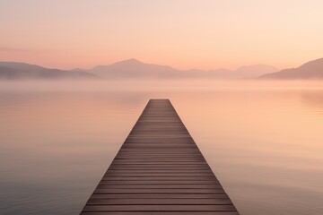 Fototapeta premium Minimal lake dock at sunrise with mist calm water and soft pastel reflections