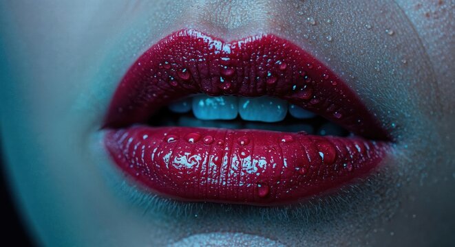 Sensual Lips: Captivating close-up of full, luscious lips adorned with a vibrant red lipstick, glistening with delicate water droplets, embodying beauty and allure.