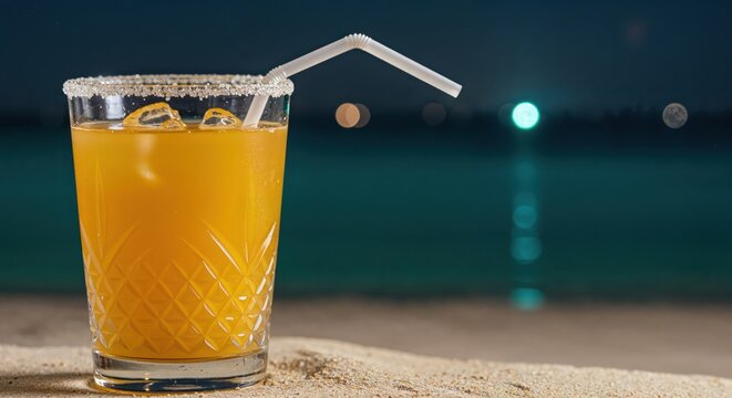 Tropical Orange Juice on Beach: A refreshing glass of vibrant orange juice with a straw, set against the backdrop of a serene beach under a starlit night sky.