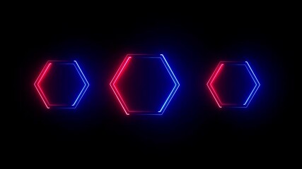 Three glowing neon hexagon frames in purple and pink on a black background abstract futuristic digital animation - Powered by Adobe
