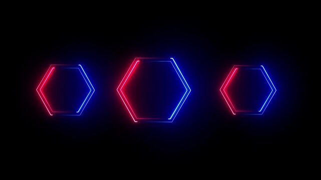 Three glowing neon hexagon frames in purple and pink on a black background abstract futuristic digital animation