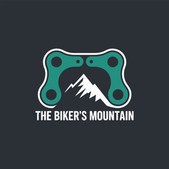 Biker mountain emblem, chain plate outline, rugged outdoor terrain, cycling adventure identity, strong mechanical branding, bold vector design