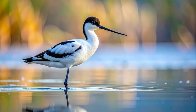A wading bird stands in shallow water