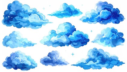 Watercolor illustrations of fluffy, light blue clouds with touches of white and starry details