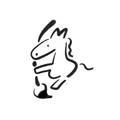 大きな筆を持つかわいい馬　2026 墨絵・書き初め・書道　モノクロ