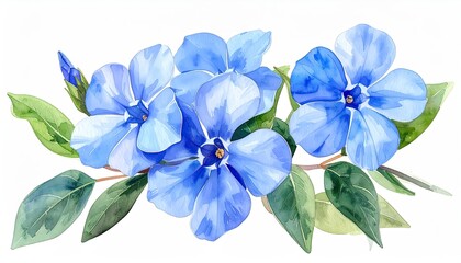 Watercolor illustration vibrant blue flowers with green leaves on a white background