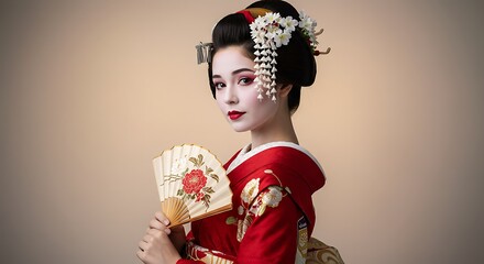 Elegant portrait of a young geisha in traditional red kimono with exquisite makeup and hairstyle