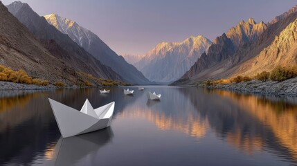 Floating Dreams: Two Paper Boats Journeying Across a Golden Lake at Sunrise with Majestic Mountains Surrounding Them
