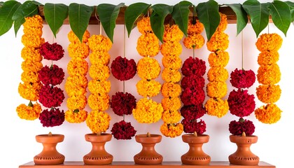 Marigold and Red Rose Flower Garlands with Candles for Festive Decoration