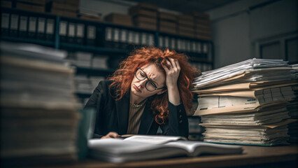 Tired redhead woman working late with piles of paperwork ai for stress management