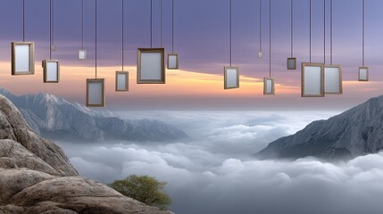 An Enchanting Mountain with Dreamlike Frames Suspended in the Whimsical Breeze of Imagination and Wonder