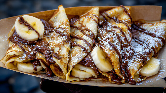 Delicious French Cr&ecirc;pes with Nutella and Sliced Bananas on a Rustic Street Style Presentation