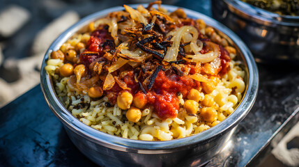 Fototapeta premium Hearty Egyptian Koshari Bowl with Pasta, Chickpeas, Tomato Sauce, and Fried Onions from Local Street Vendor