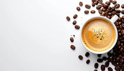Top-down view of a white mug filled with coffee beside scattered roasted beans