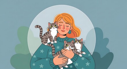 National cat day a woman hugging her cats, showing love and affection isolated on white background the design features a cute illustration with a blue background