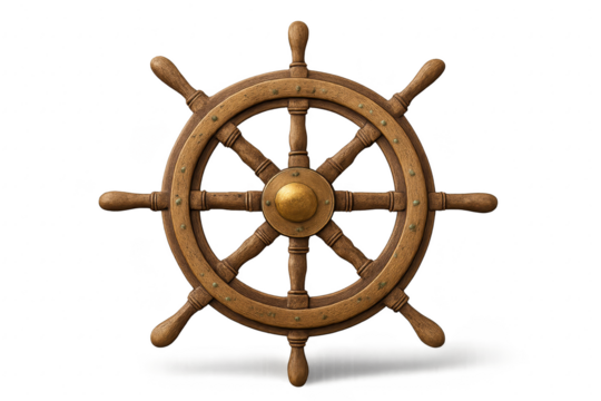 Vintage wooden ship steering wheel isolated with clean transparent background shadow