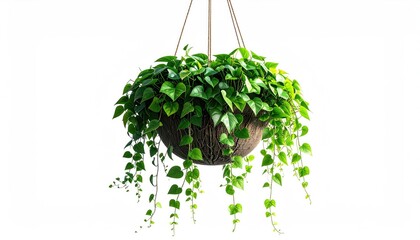 A green leafy plant in a hanging basket against a white background