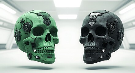 Futuristic duality: Green and black cyborg skull concepts in a sterile laboratory