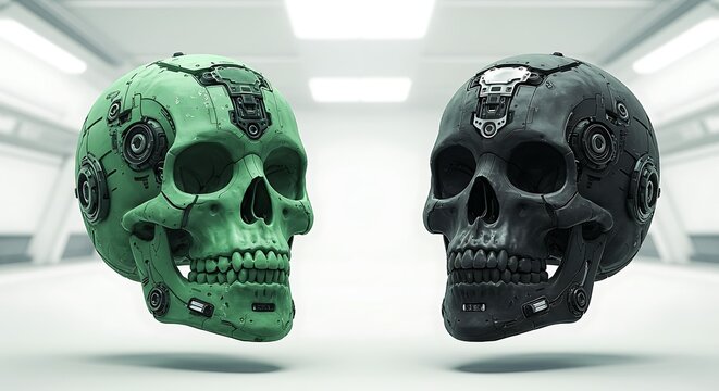 Futuristic duality: Green and black cyborg skull concepts in a sterile laboratory - Powered by Adobe