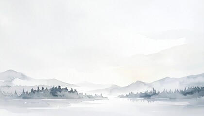 Serene watercolor landscape with misty mountains, trees, and a calm body of water