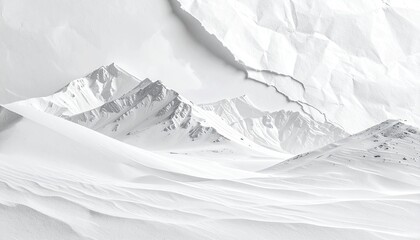 A stark white, textured landscape depicts mountains formed from crushed paper, a unique scene