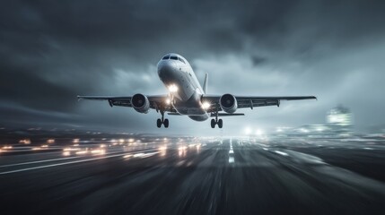 Obraz premium An airplane descends with landing gear extended, runway lights glowing, motion blur trails, overcast sky,