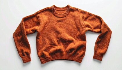 An orange crew-neck sweater lies flat on a white surface, top-down view