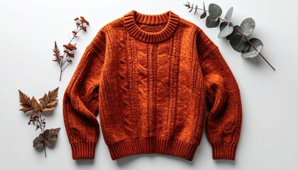 Cozy orange cable-knit sweater on white surface with fall foliage accents