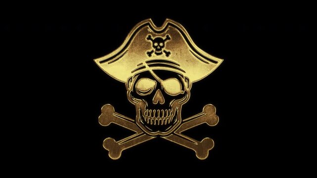 Pirate symbol with slightly reflected outlines on a gold foil-like surface, loop, alpha channel

