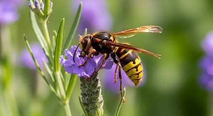 Naklejka premium Detailed closeup of a European hornet feeding on a vibrant purple lavender bloom in natural light