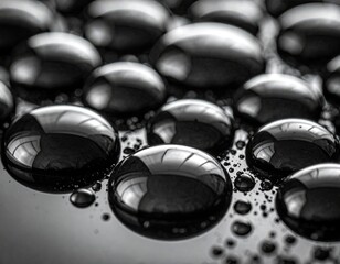 Abstract Macro Photography of Water Droplets on Black Surface Reflecting Light with High Resolution Detail and Focus in Studio Setting