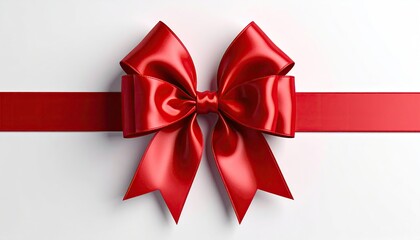 A vibrant red satin bow and ribbon centered on a stark white background