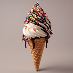 Delicious vanilla soft serve ice cream cone with chocolate sauce and colorful sprinkles on a neutral background, a sweet summer treat