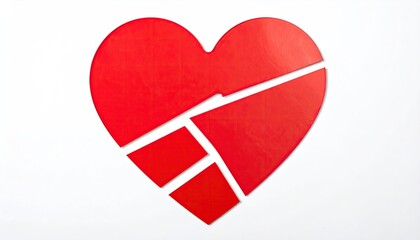 A large red heart, cut into multiple pieces, against a stark white background
