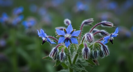 Detailed macro shot of vibrant blue borage flowers in a natural outdoor setting with blurred green