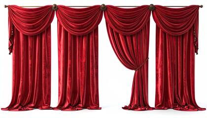 Opulent crimson velvet stage curtains, draped and elegant, against a white backdrop