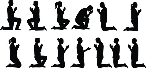 Silhouette of men and women kneeling in prayer, religious devotion, spirituality, worship, meditation, faith, hope, religion concept illustration