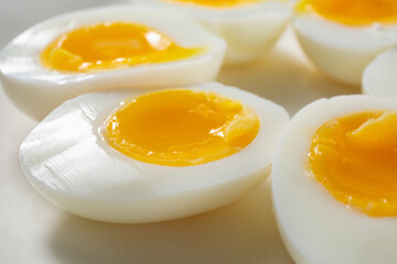 A closeup view of halves of 7 minute hard boiled eggs.