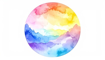 Circular watercolor artwork depicts a rainbow landscape of mountains and sky