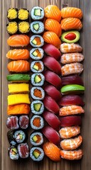 Assorted sushi rolls, nigiri arranged on wood